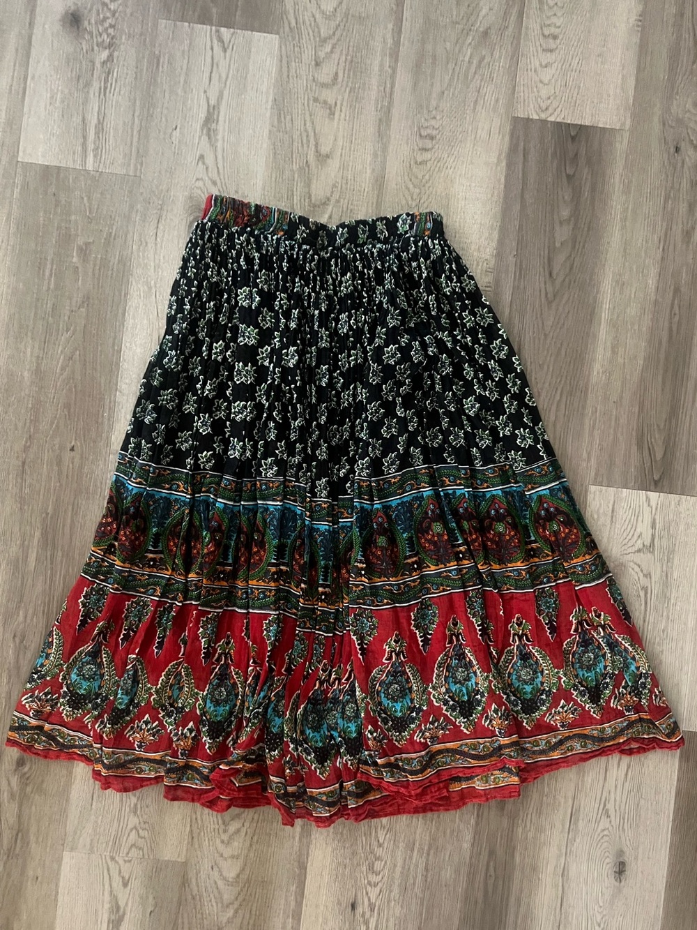 Vintage Silver Stream Bohemian Tiered Maxi Skirt in Black and Red